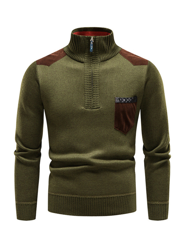Men's stand-up collar thickened patchwork half-zip lapel sweater pullover sweater - Image 9