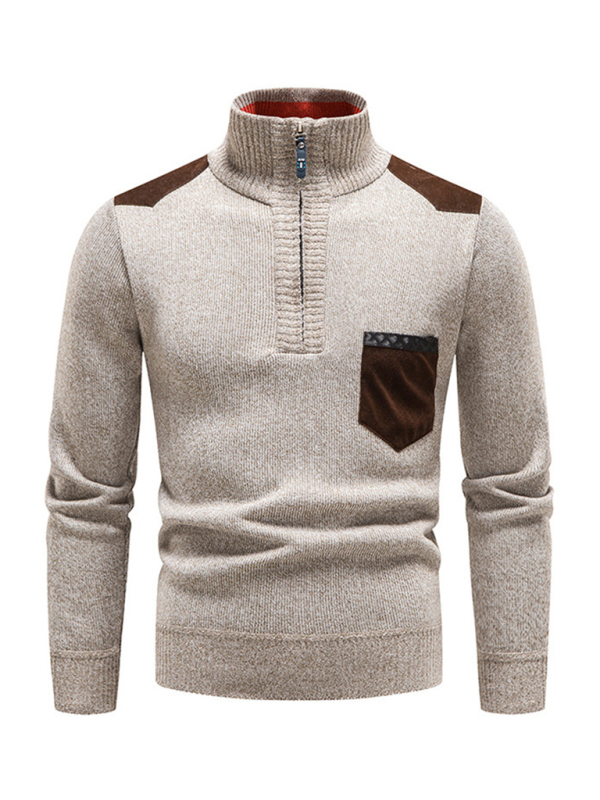 Men's stand-up collar thickened patchwork half-zip lapel sweater pullover sweater - Image 3