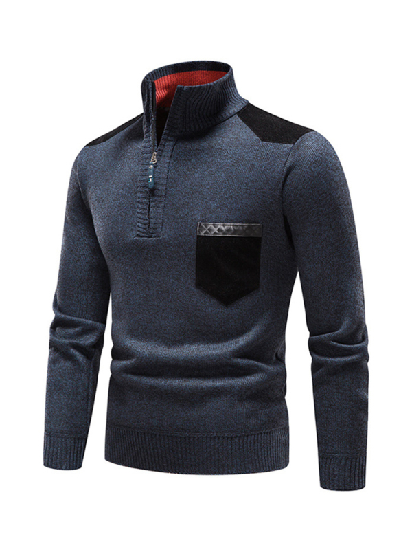 Men's stand-up collar thickened patchwork half-zip lapel sweater pullover sweater - Image 21