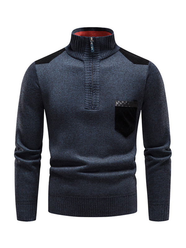 Men's stand-up collar thickened patchwork half-zip lapel sweater pullover sweater - Image 5