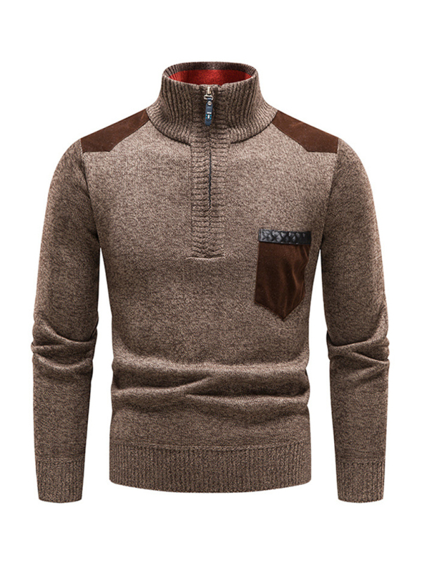 Men's stand-up collar thickened patchwork half-zip lapel sweater pullover sweater - Image 25