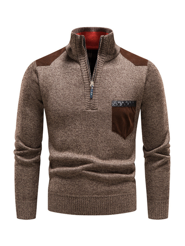 Men's stand-up collar thickened patchwork half-zip lapel sweater pullover sweater - Image 6