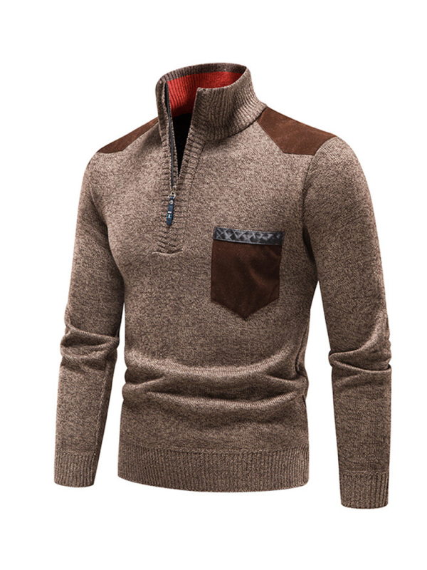 Men's stand-up collar thickened patchwork half-zip lapel sweater pullover sweater - Image 24