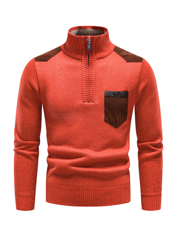 Men's stand-up collar thickened patchwork half-zip lapel sweater pullover sweater - Image 19