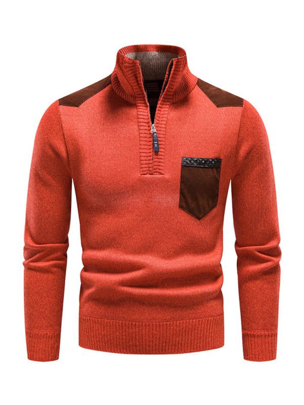 Men's stand-up collar thickened patchwork half-zip lapel sweater pullover sweater - Image 4