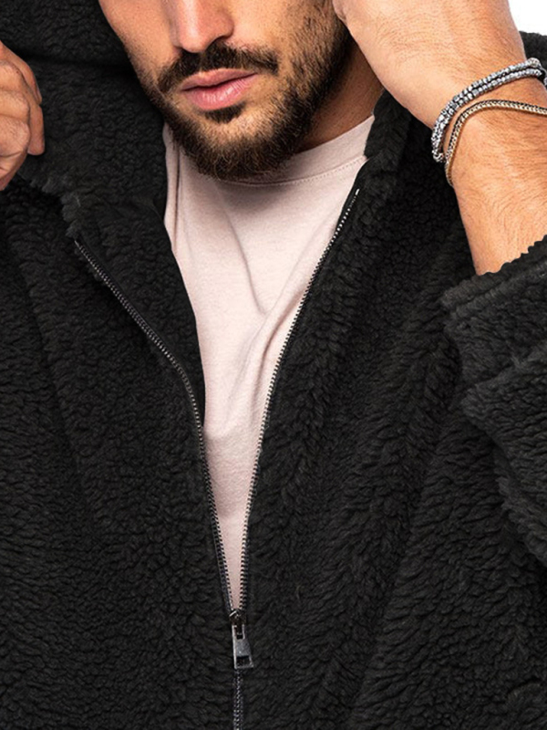 Men's double-sided arctic velvet hooded solid color warm zipper jacket - Image 13