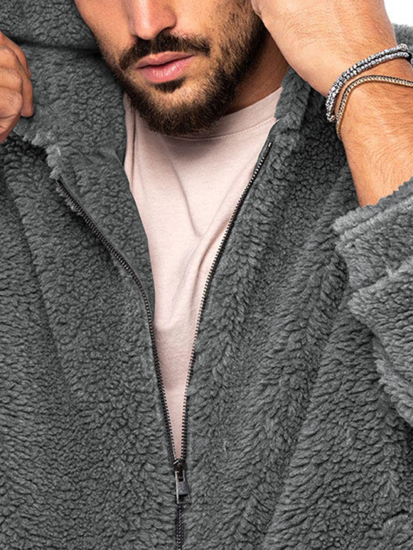 Men's double-sided arctic velvet hooded solid color warm zipper jacket - Image 9