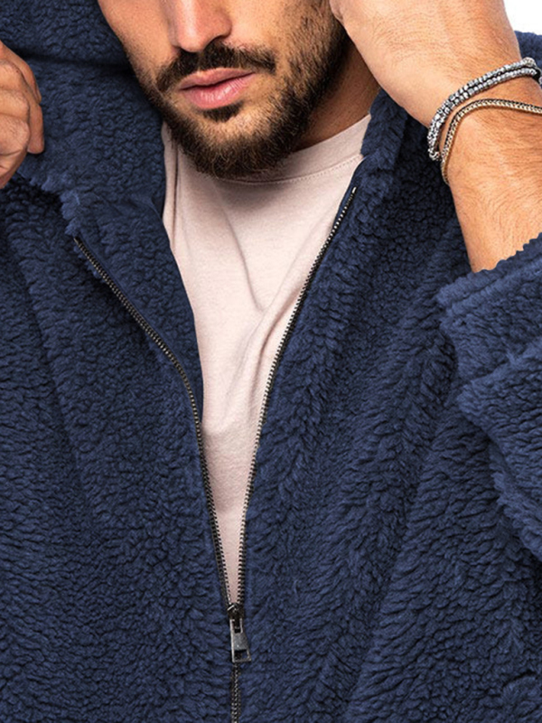 Men's double-sided arctic velvet hooded solid color warm zipper jacket - Image 19