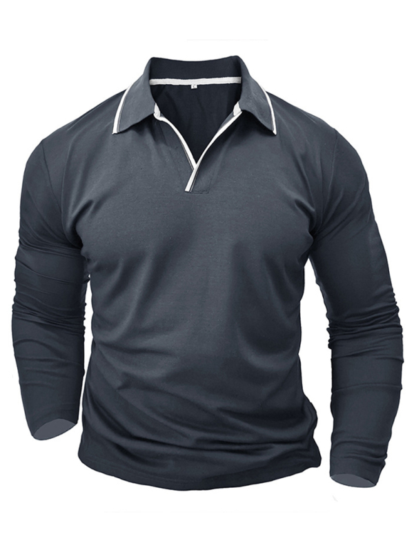 Men's new long-sleeved V-neck lapel contrasting color POLO shirt - Image 5