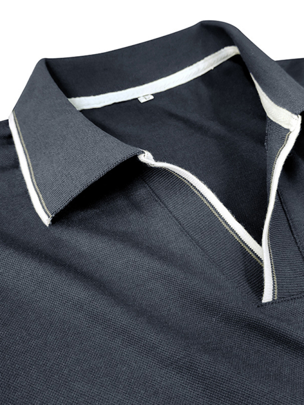 Men's new long-sleeved V-neck lapel contrasting color POLO shirt - Image 3