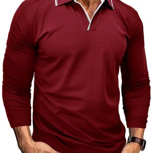 Men's new long-sleeved V-neck lapel contrasting color POLO shirt