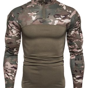 Men's Military Field Outdoor Elastic Fitness Camouflage Long Sleeve Zipper Pocket T-Shirt
