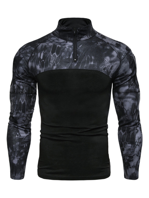 Men's Military Field Outdoor Elastic Fitness Camouflage Long Sleeve Zipper Pocket T-Shirt - Image 2