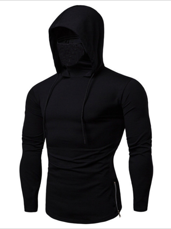 Men's new fitness cycling solid color elastic mask hooded pullover long-sleeved T-shirt sweatshirt - Image 4