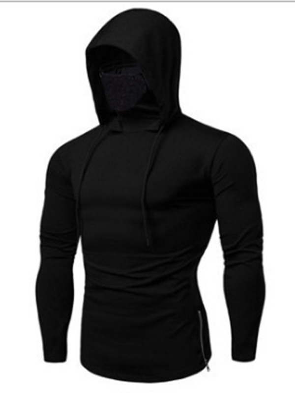 Men's new fitness cycling solid color elastic mask hooded pullover long-sleeved T-shirt sweatshirt - Image 6