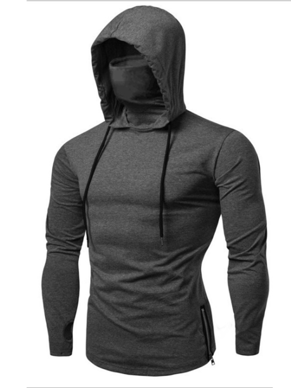 Men's new fitness cycling solid color elastic mask hooded pullover long-sleeved T-shirt sweatshirt - Image 2