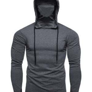 Men's new fitness cycling solid color elastic mask hooded pullover long-sleeved T-shirt sweatshirt