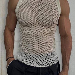 Men's Solid Color Round Neck Sleeveless Hollow Knitted Vest