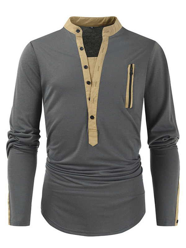Men's New Outdoor Tactical Zipper Colorblock Henley Collar Long Sleeve T-Shirt - Image 5