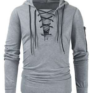 Men's new solid color lace-up sports casual pullover hooded sweatshirt