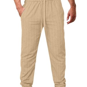 Men's vertical striped lace-up elastic waist beach pants casual trousers