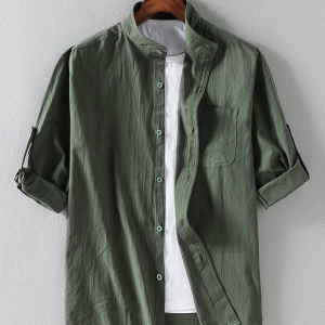 Men's casual solid color stand collar short sleeve shirt