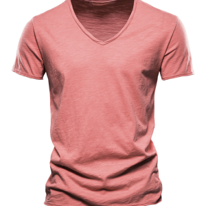 Men's New Solid Color Slub Cotton V-Neck Short Sleeve T-Shirt