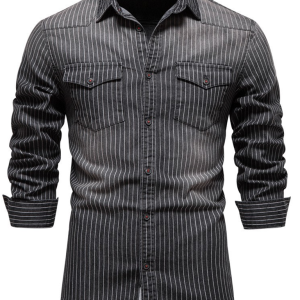 Men's Heavy Washed Distressed Striped Denim Shirt
