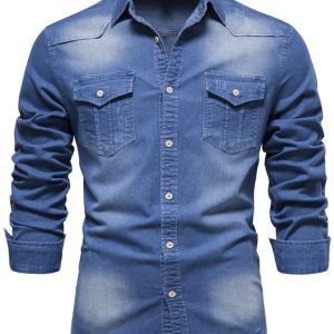 Men's casual solid color non-iron denim long-sleeved shirt