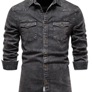 Men's casual distressed denim long sleeve shirt