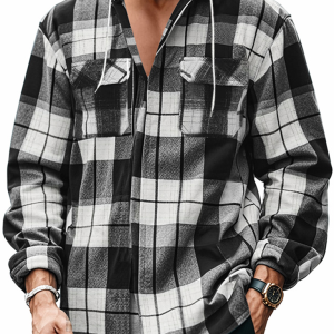 Loose Casual Flannel Jacquard Long Sleeve Hooded Plaid Shirt