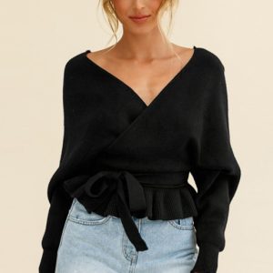 Women's Fashion Casual Mock Wrap Knit Sweater