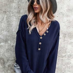 Women's Solid Color V Neck Single Breasted Sweater