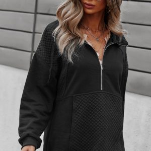 Women's Long Sleeve Zippered Diamond Check Coat
