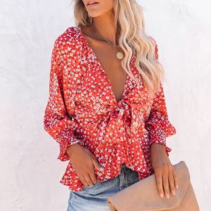 Women's Floral Print V-Neck Tie Waist Long Sleeve Shirt