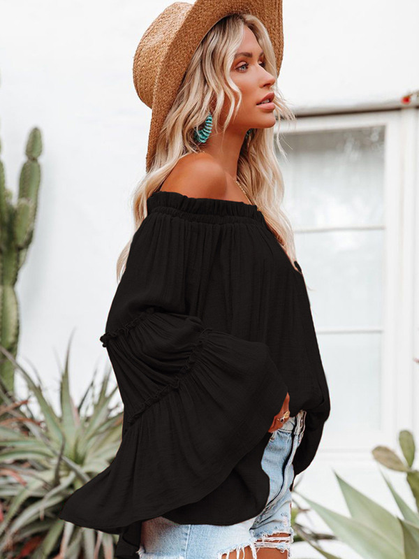 Women's Slub Cotton Women's Flared Sleeve One-Line Neck Sexy Top - Image 12