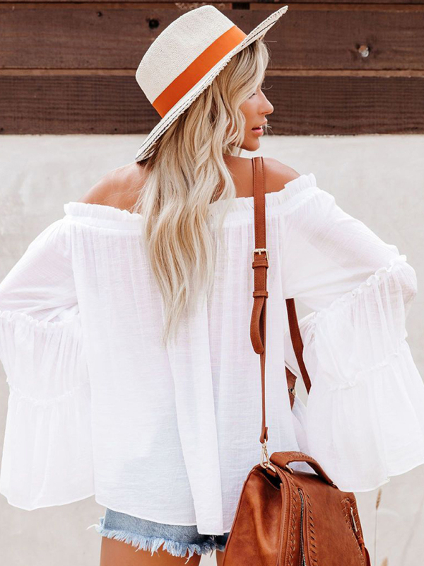 Women's Slub Cotton Women's Flared Sleeve One-Line Neck Sexy Top - Image 7