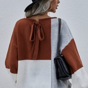 Women'S Round Neck Back Lace Up Stitched Sweater