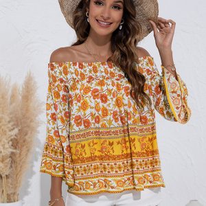 Women's One Shoulder  Floral Flared Sleeve Top