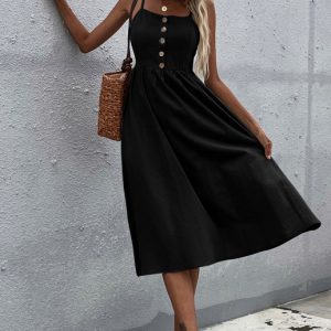 Women's Clothing Slim Fit Solid Color Cotton Linen Dress