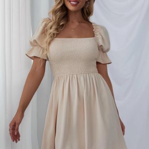 Women's Square Collar Puff Sleeve Smocked Dress