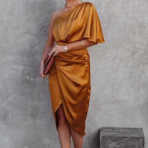 Sexy One Sleeve Irregular Pleated Waist Skirt Dress