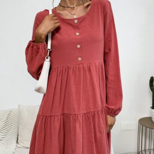 Women's Pleated Solid Color Round Neck Long Sleeve Cotton Linen Loose Dress