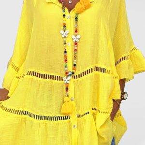 Women's 3/4 Sleeve Cotton Linen V-Neck Loose Button Cutout Plus Size Top Dress