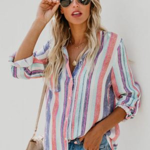 Linen Turn-down Collar Sweet Enough Striped Button Up Top