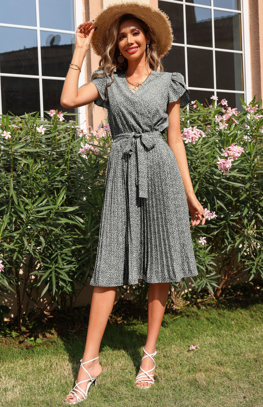 Women's Printed Skirt Pleated V-neck Dress - Image 3