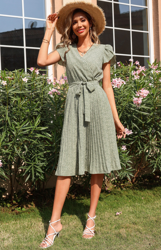 Women's Printed Skirt Pleated V-neck Dress - Image 11