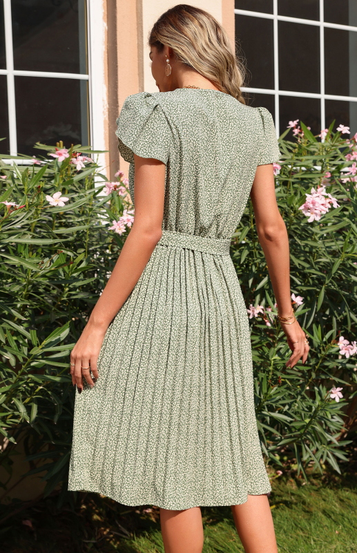 Women's Printed Skirt Pleated V-neck Dress - Image 8