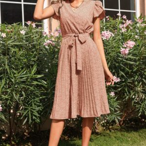 Women's Printed Skirt Pleated V-neck Dress