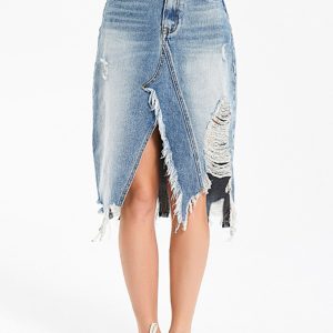 Women's Irregular fringed ripped butt-lifting denim midi skirt
